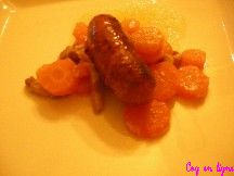 Chorizo  cuire et carottes au cumin, miel de Calune et lardons